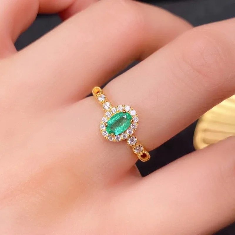 

Natural Colombia Emerald Engagement Ring for Woman 0.4ct 4mm*6mm Emerald 925 Silver Ring with 3 Layers 18K Gold Plated