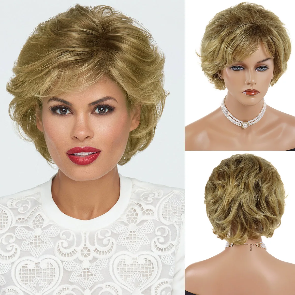 

GNIMEGIL Synthetic Hair Short Curly Wigs for Women Gradient Golden Blonde Wig with Bang Layered Haircut Natural Wig Gift Costume