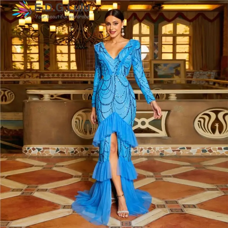 

EDGLuLu Design Blue Printed Sequin Patchwork Mesh Cascading Ruffled Elegant Dresses For Women Party Evening Long Dresses 0412