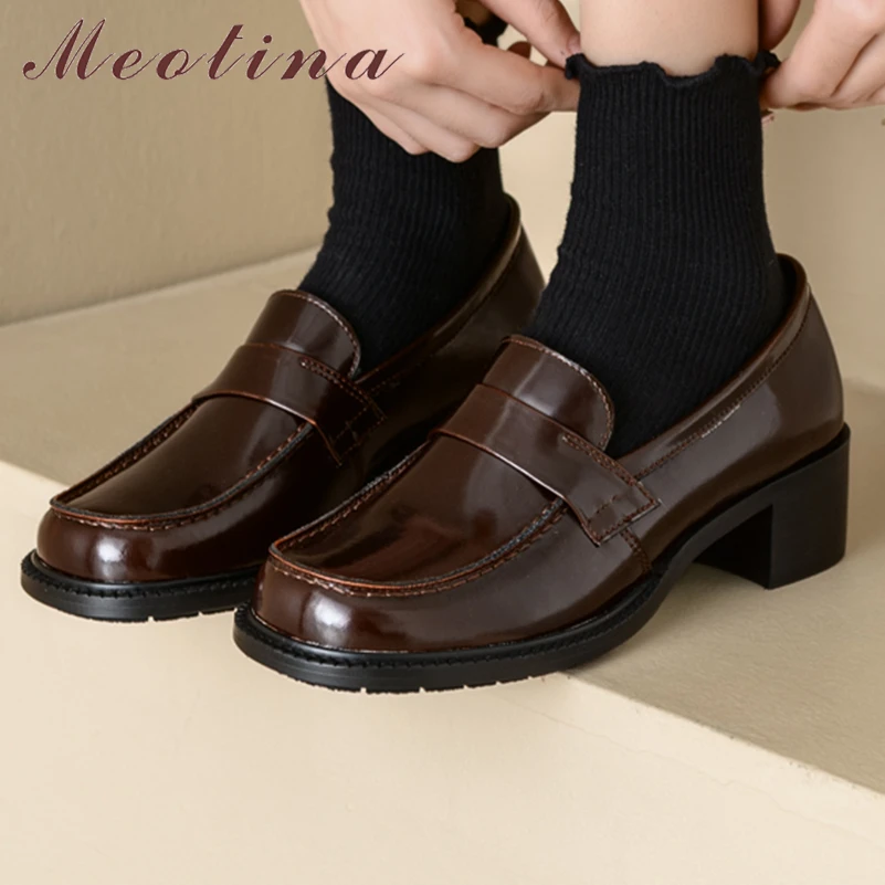 

Meotina Women Genuine Leather Loafers Pumps Round Toe Thick Mid Heels Concise Ladies Fashion Shoes Spring Autumn Black Brown 40