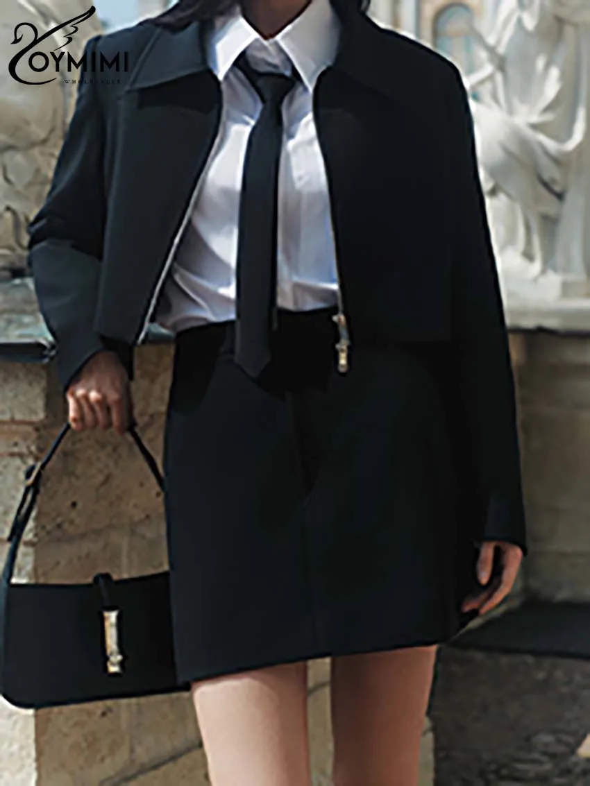 

Oymimi Fashion Black Simple Sets Womens 2 Piece Elegant Solid Long Sleeve Zipper Shirts And High Waist Straight Mini Skirts Sets
