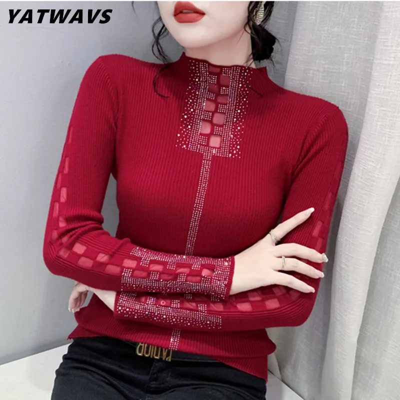 New Autumn Winter High Neck Sexy Hot Drilling Knitted Shirt Fashion Casual Long Sleeve Solid Color Women's T-Shirt Lady Sweater
New Autumn Winter High Neck Sexy Hot Drilling Knitted Shirt Fashion Casual Long Sleeve Solid Color Women's T-Shirt Lady Sweater