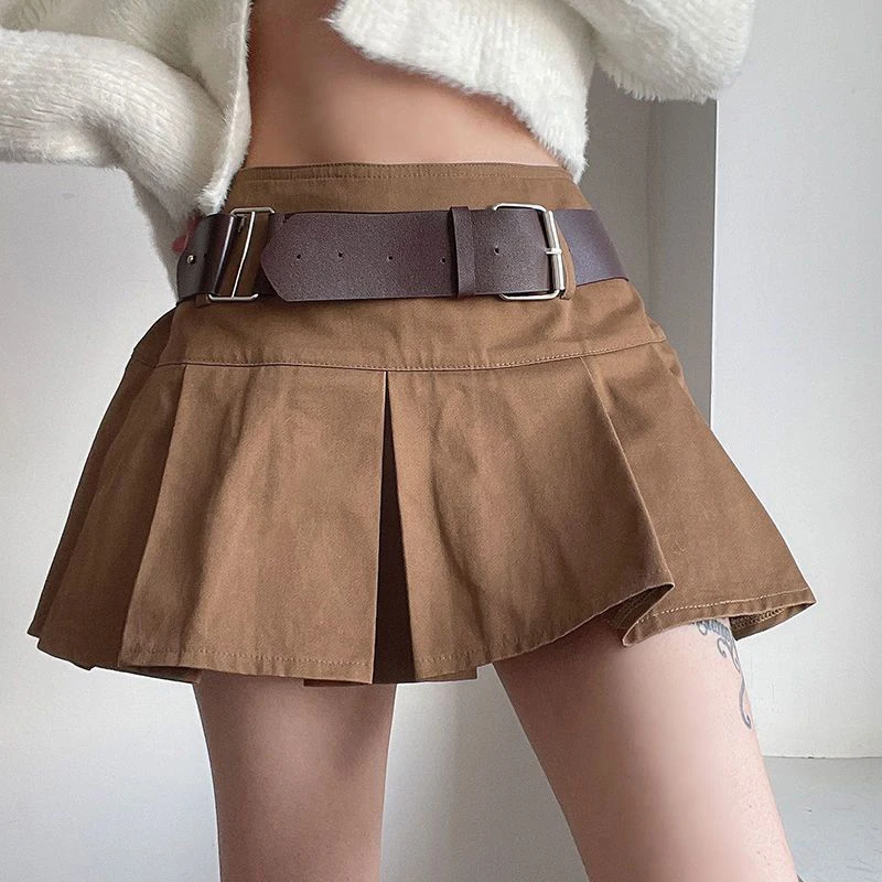 

Женская мини-юбка с поясом Y2k, винтажная коричневая плиссированная юбка с высокой талией, летняя Уличная Повседневная трапециевидная юбка в стиле Харадзюку, 2000