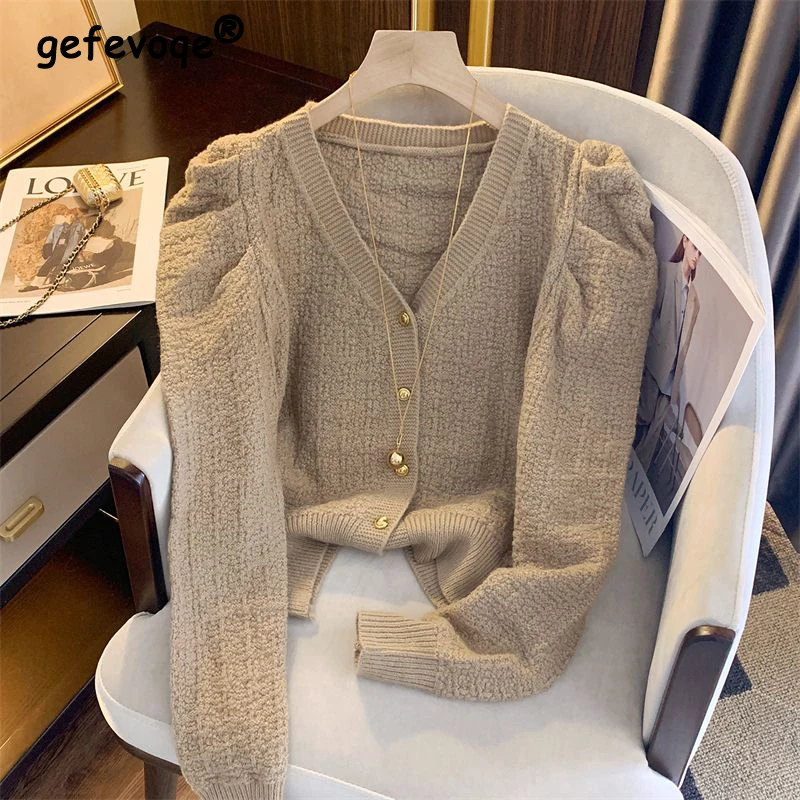 

New Autumn Women Trendy Vintage Chic Elegant Single Breasted Knitted Cardigan Female V Neck Puff Long Sleeve Slim Solid Knitwear