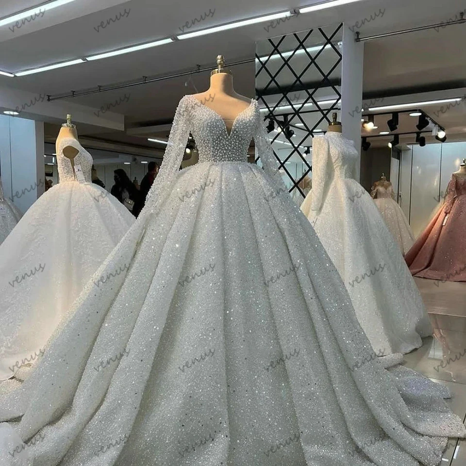 

Glitter Wedding Dresses Princess Bridal Gowns Exquisite A-Line Voile Robes Full Sleeves V-Neck Glamorous Vestidos De Novia 2024