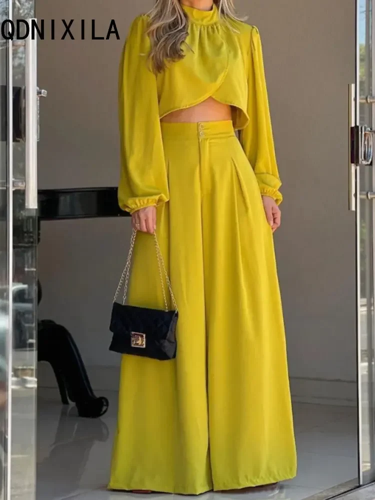 

Новый комплект из двух предметов, летний модный элегантный комплект с асимметричным топом и широкими штанинами с высокой талией, пикантный желтый Топ с длинным рукавом, подходящие комплекты