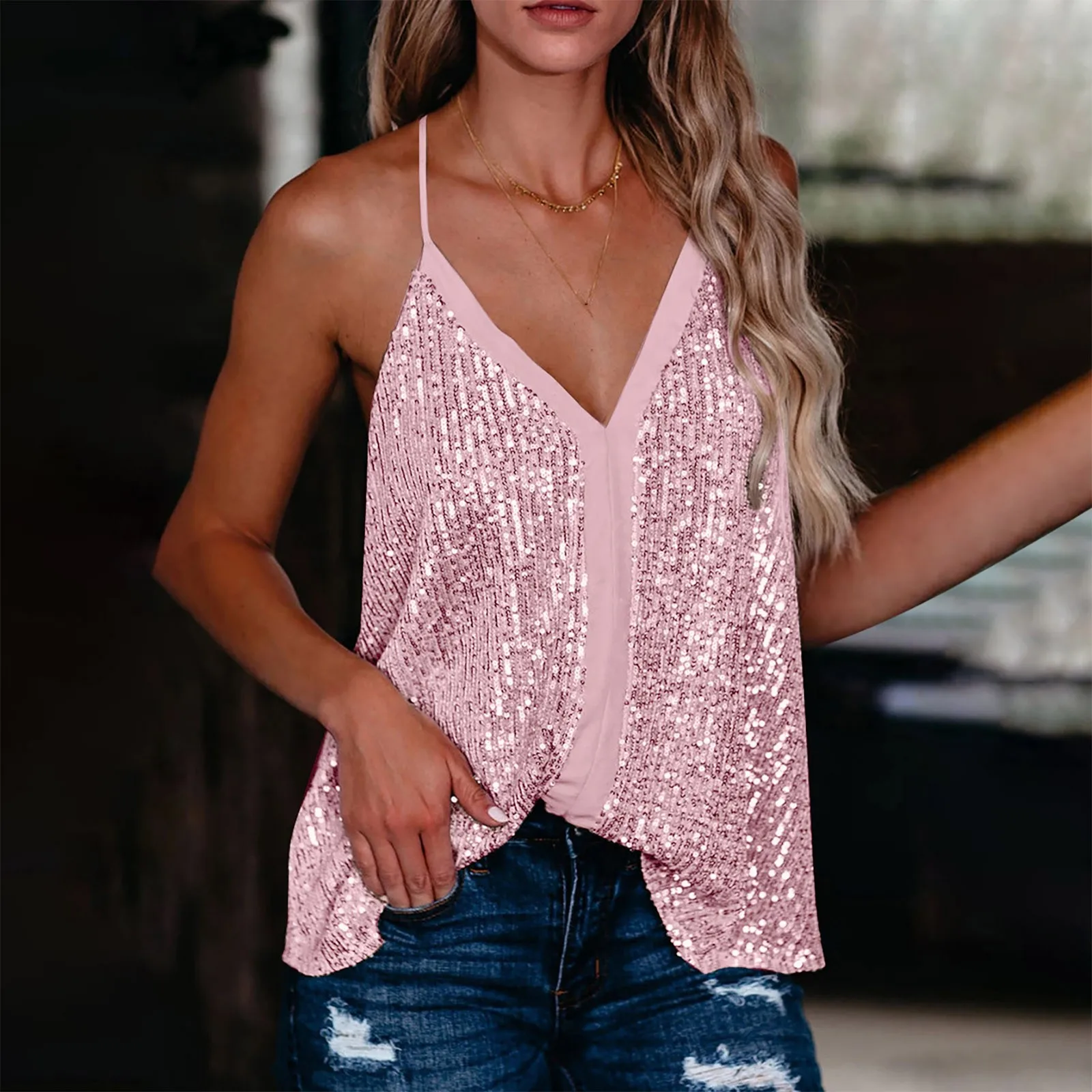 

Shiny Sequins Halter Camisole Women Deep V-Neck Sleeveless Loose Camis Summer Streetwear Tank Tops Solid Nightclub Party Vest