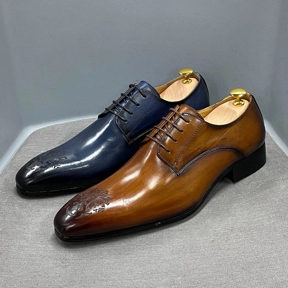 

Luxury Brand Italian Style Man Business Formal Dress Shoes Pointed Block Carved Derby Shoes Gentlmen Genuine Leather Shoes