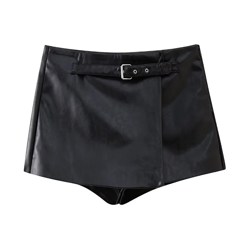 

TRAF Faux Leather Skort Women Black Mid Rise Wrap Skirt Shorts for Women Belt Pleated Bermuda Shorts Woman Casual Women's Shorts