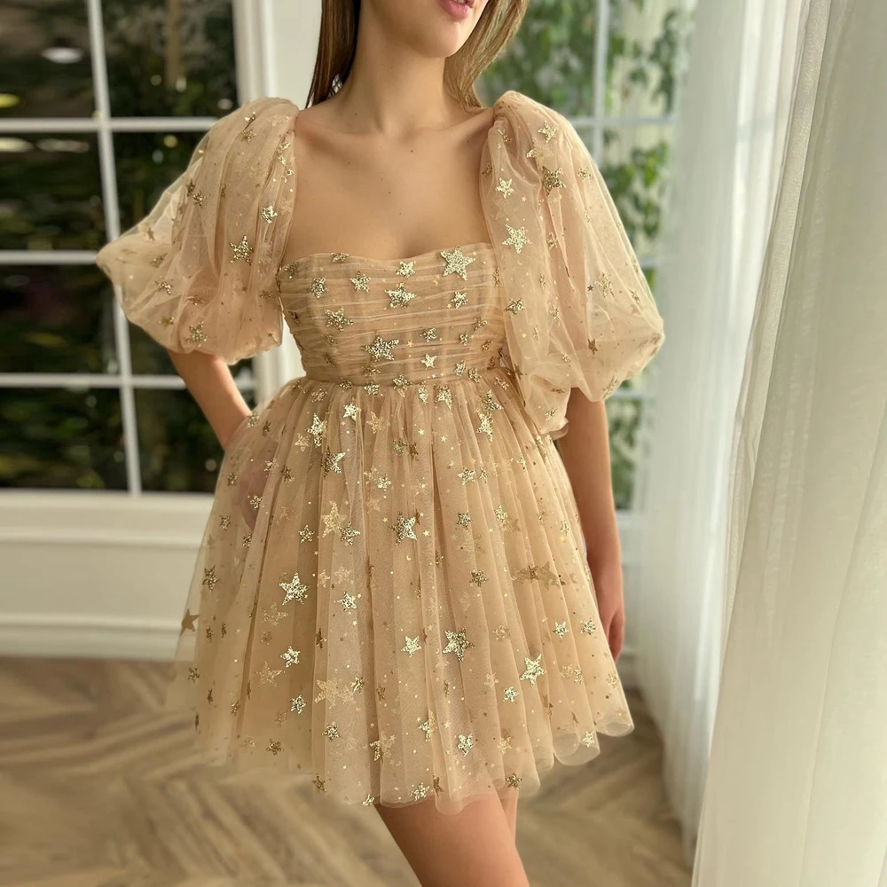 

Champagne Star Mesh Women Summer Dress Puff Half Sleeves Tulle A Line Prom Party Gowns Glitter Puffy Tutu Female Dressing