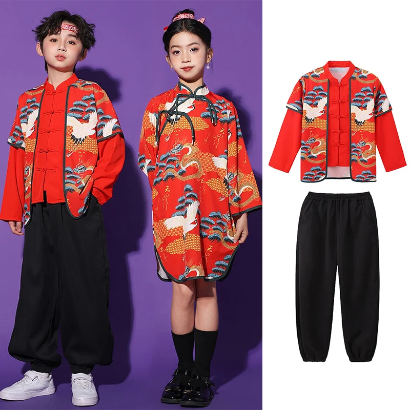 

Jazz Dance Costume For Children Red Cheerleading Uniform Boys Girls Festival Clothing Chinese Style Catwalk Show Outfit DL11693