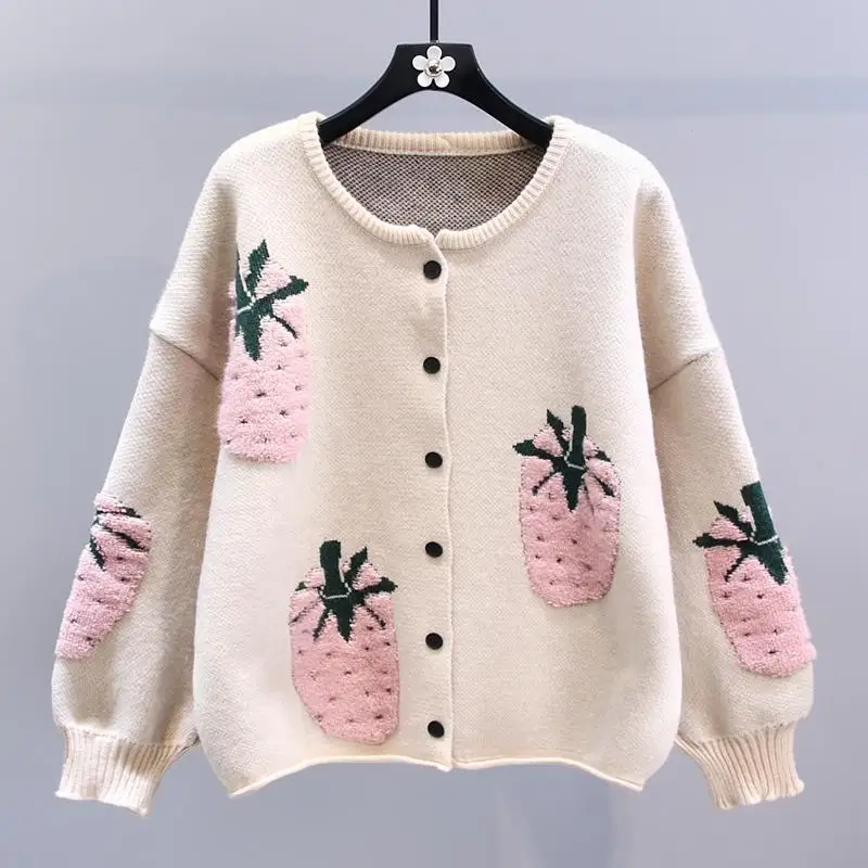 

DAYIFUN Strawberry Jacquard Design Knitted Cardigan Women Large Size O Neck Long Sleeve Jumpers Coat Autumn Single Breasted Tops