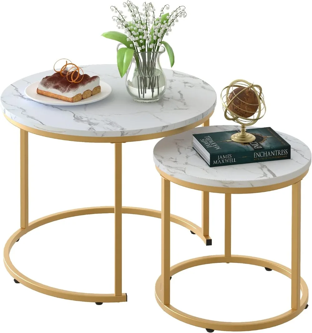 

aboxoo Coffee Table Nesting White Set of 2 Side Set Golden Frame Circular and Marble Pattern Wooden Tables