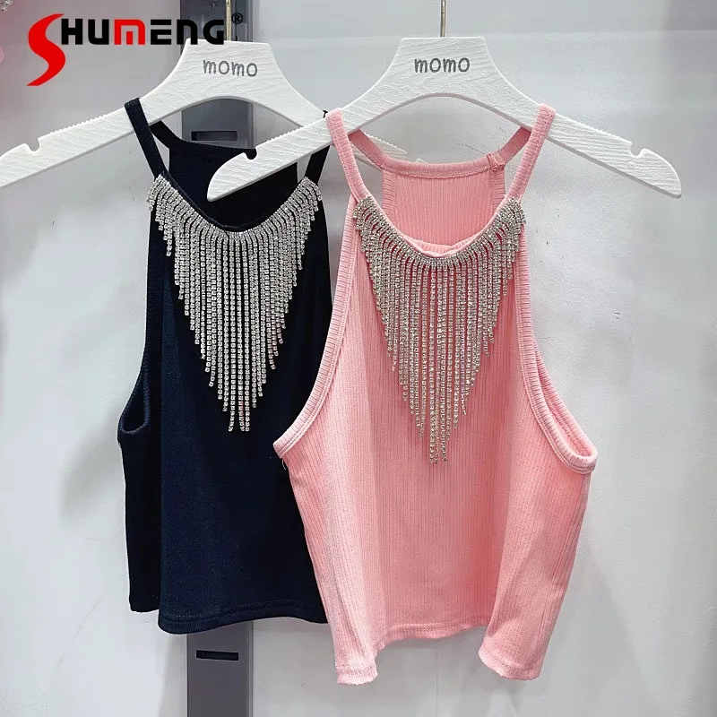 

Summer 2024 New French Style Halter Straps Vest Female Heavy Industry Rhinestone Sequin Stitching Inner Bottoming Top Camisoles