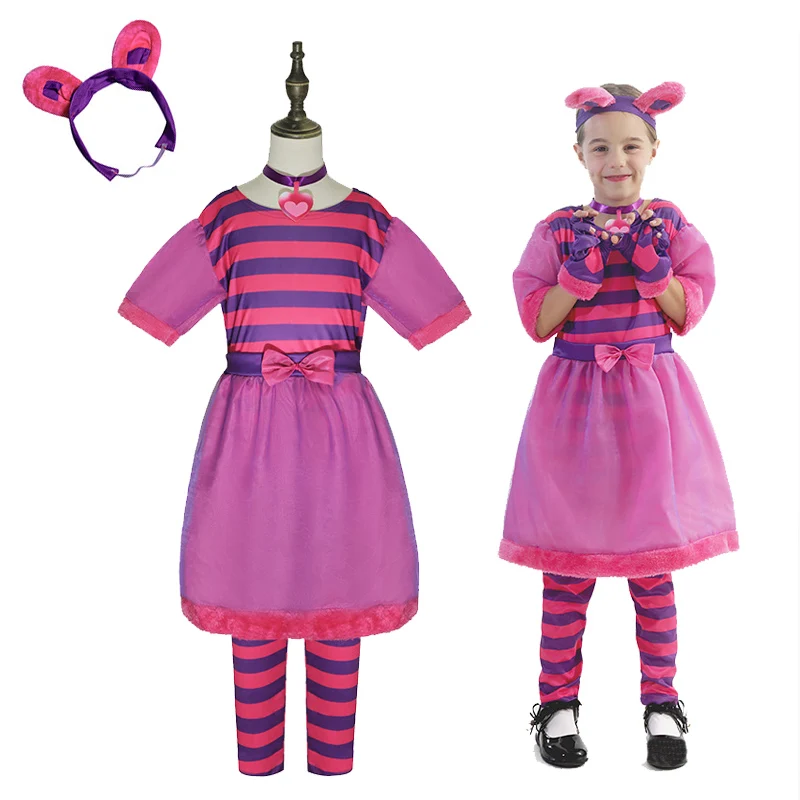 

Kids Cheshire Cat Costume Alice in Wonderland Cosplay Costume Cute Alice Cat Fancy Dress Halloween Party Clothes for Girls