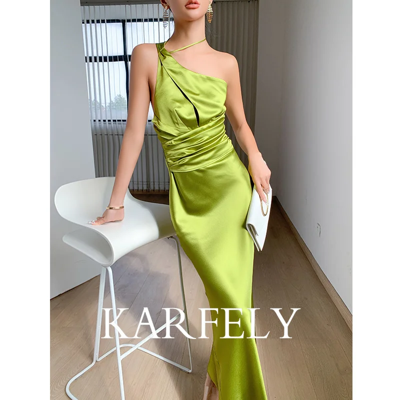 

KARFELY/Triacetic Acid Satin Dress Sexy High end Waist Closing Acetic Acid Strap Dress Long Dress Off Shoulder Vanilla Green