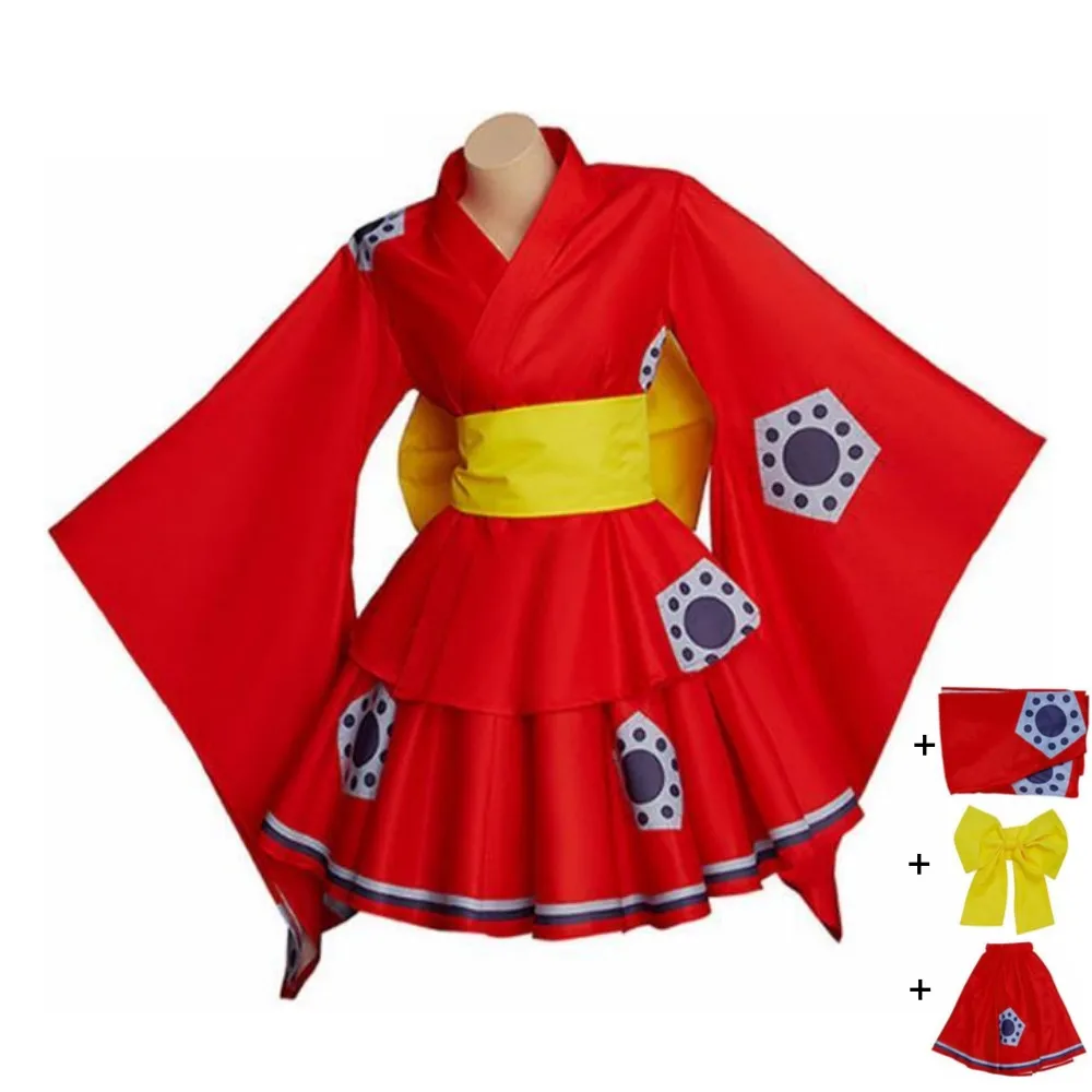 

Anime Monkey D Luffy Cosplay Costume Red Printing Kimono Maid Uniform Hallowen Top Skirt Carnival Party Loli Outfit Suit