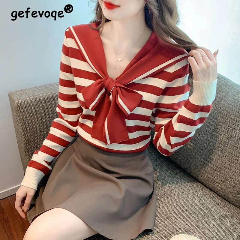 

Women Trendy Vintage Striped Bow Sailor Collar Sweet Chic Knitwears Spring Autumn Long Sleeve Slim Pullover Tops Casual Jumpers