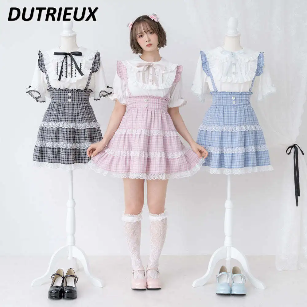 

2023 Summer New Japanese Suspender Skirt High Waist Slimming Student Pleated Skirt Sweet Lolita Lace Ruffles Short Skirt Faldas