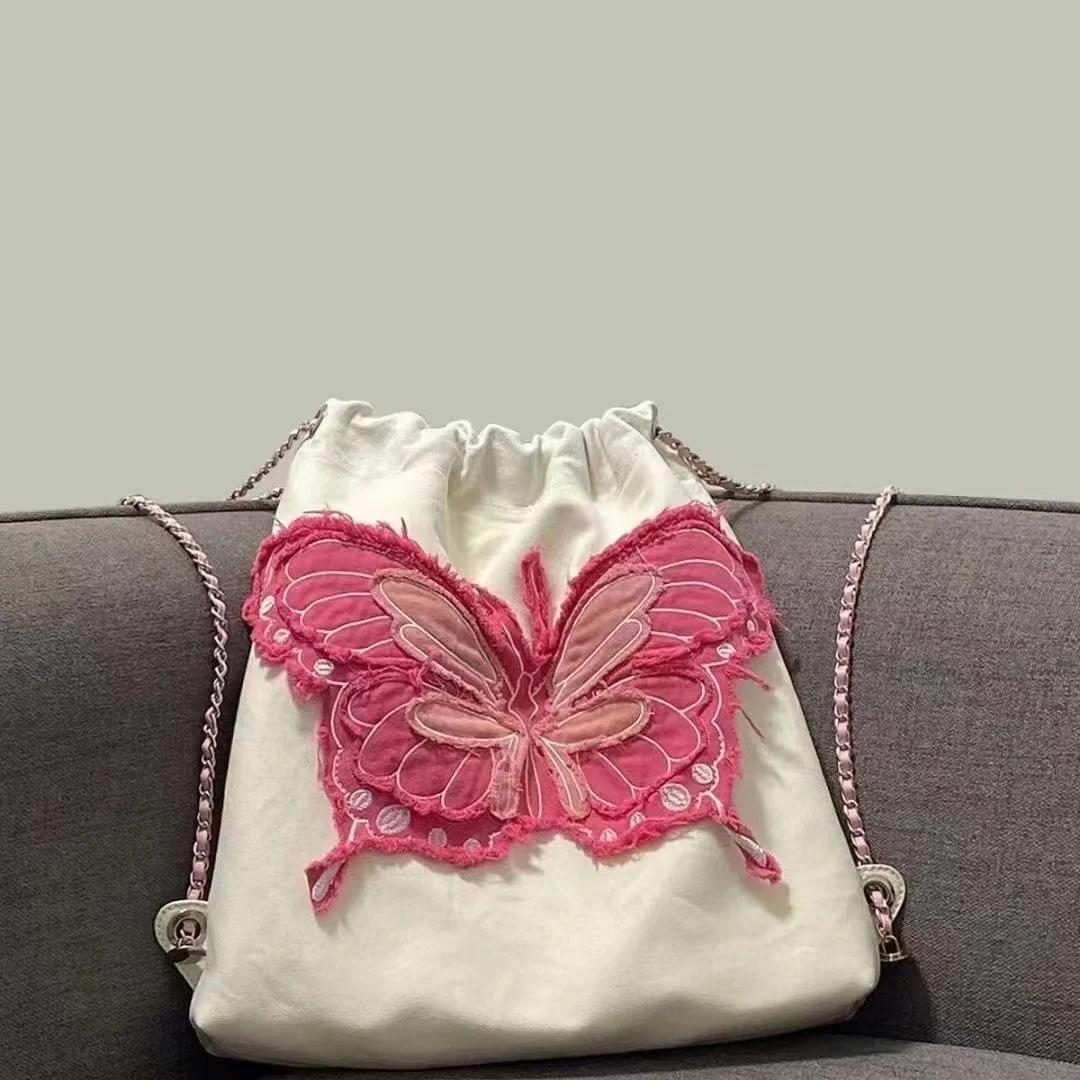 

Новинка 2024, двойная сумка через плечо с бабочкой и кисточкой, с простой вышивкой, джинсовая сумка