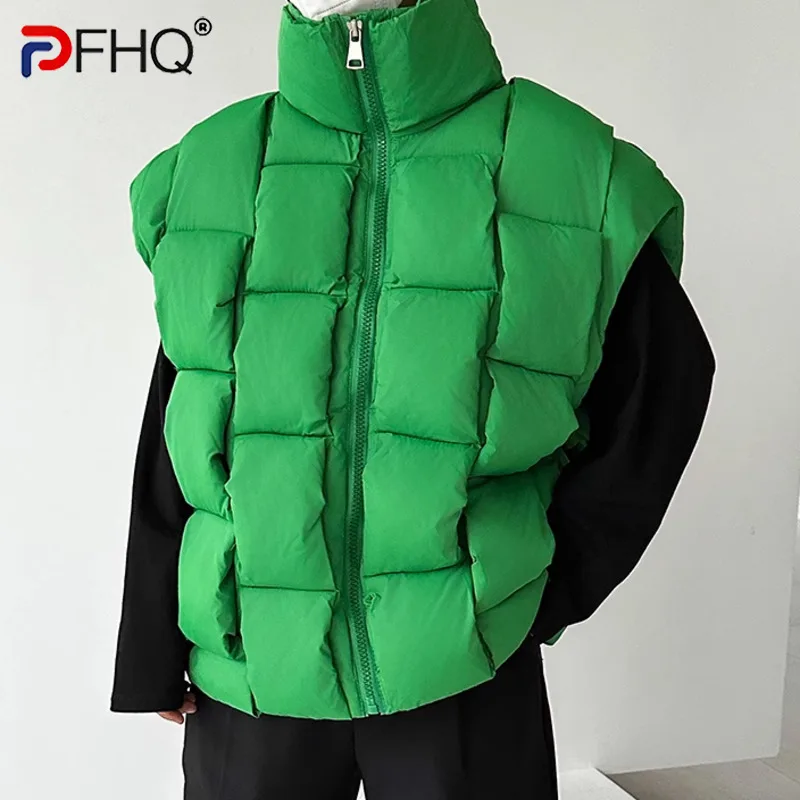 

PFHQ Men's Niche Plaid Standing Collar Vest Thick Personality Weaving Design Handsome Warm Zippers Padded Jackets Winter 21Z2950