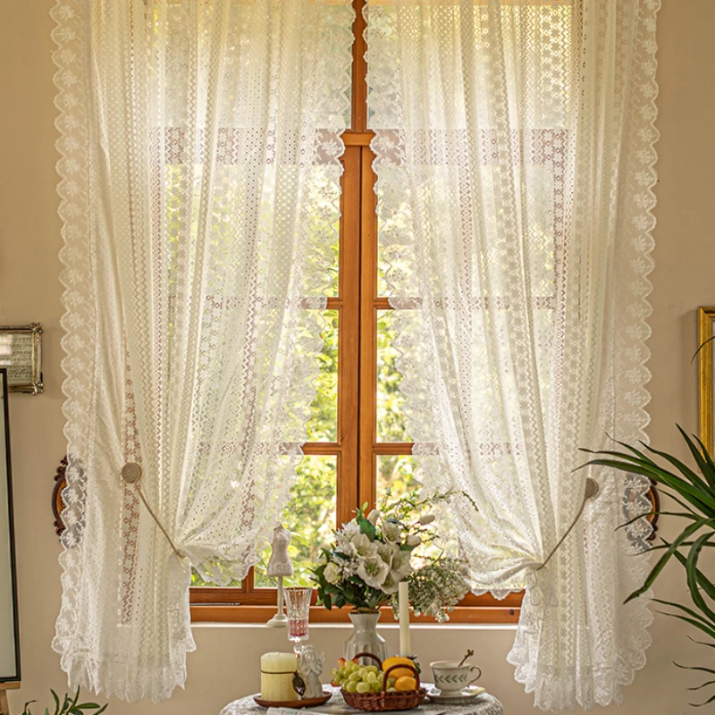 

Korean Pastoral White Lace Gauze Bay Window American Country Short Curtain Punch-free Partition Door Curtain Custom Size