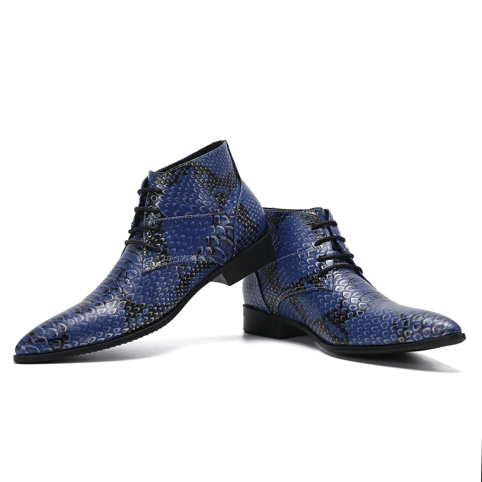 

British Style Blue Snake Pattern Pointed Toe Men Short Boot Large Size Cow Leather Formal Shoes Man Business Party Banquet Shoes