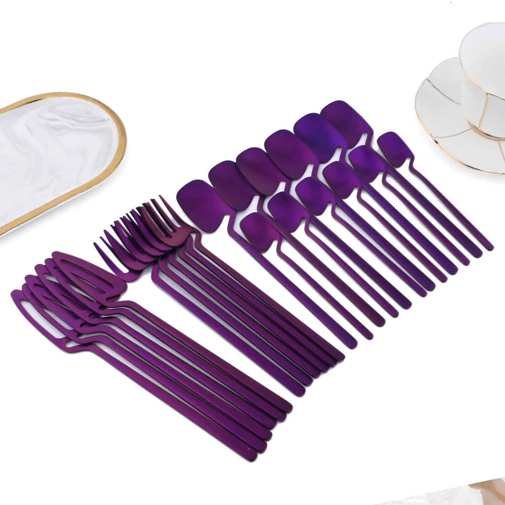 

24Pcs Stainless Steel Flatware Set Knife Forks Tea Spoon Dinnerware Purple Cutlery Set Tableware Western Kitchen Silverware