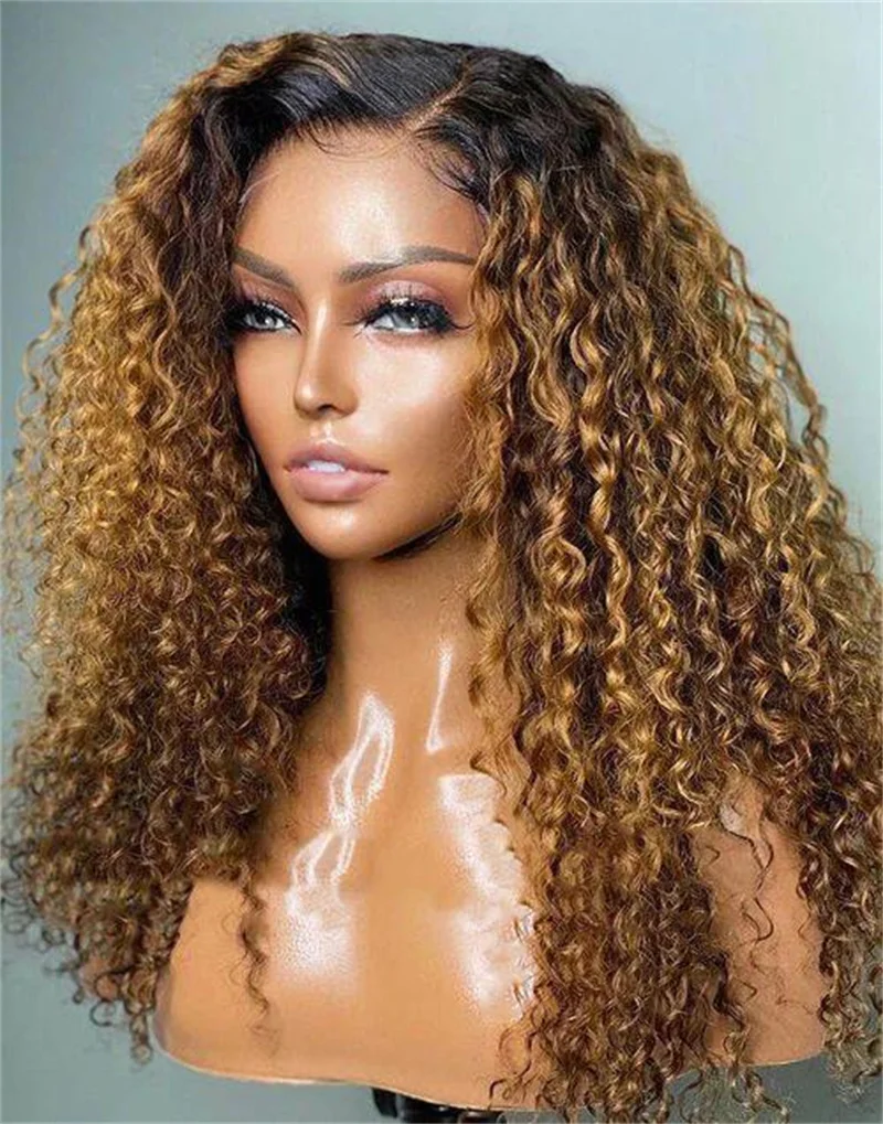 

Soft 26inch Long Kinky Curly Ombre Blonde 180Density Lace Front Wig For Black Women Babyhair Preplucked Heat Resistant Glueless