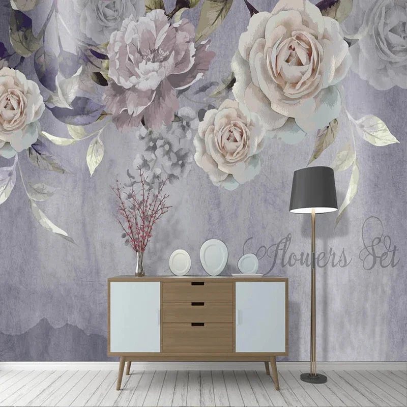 

Пользовательские фотообои любого размера ручная роспись скандинавские фиолетовые розы роспись для гостиной спальни украшение Водонепроницаемая 3D ткань для стен