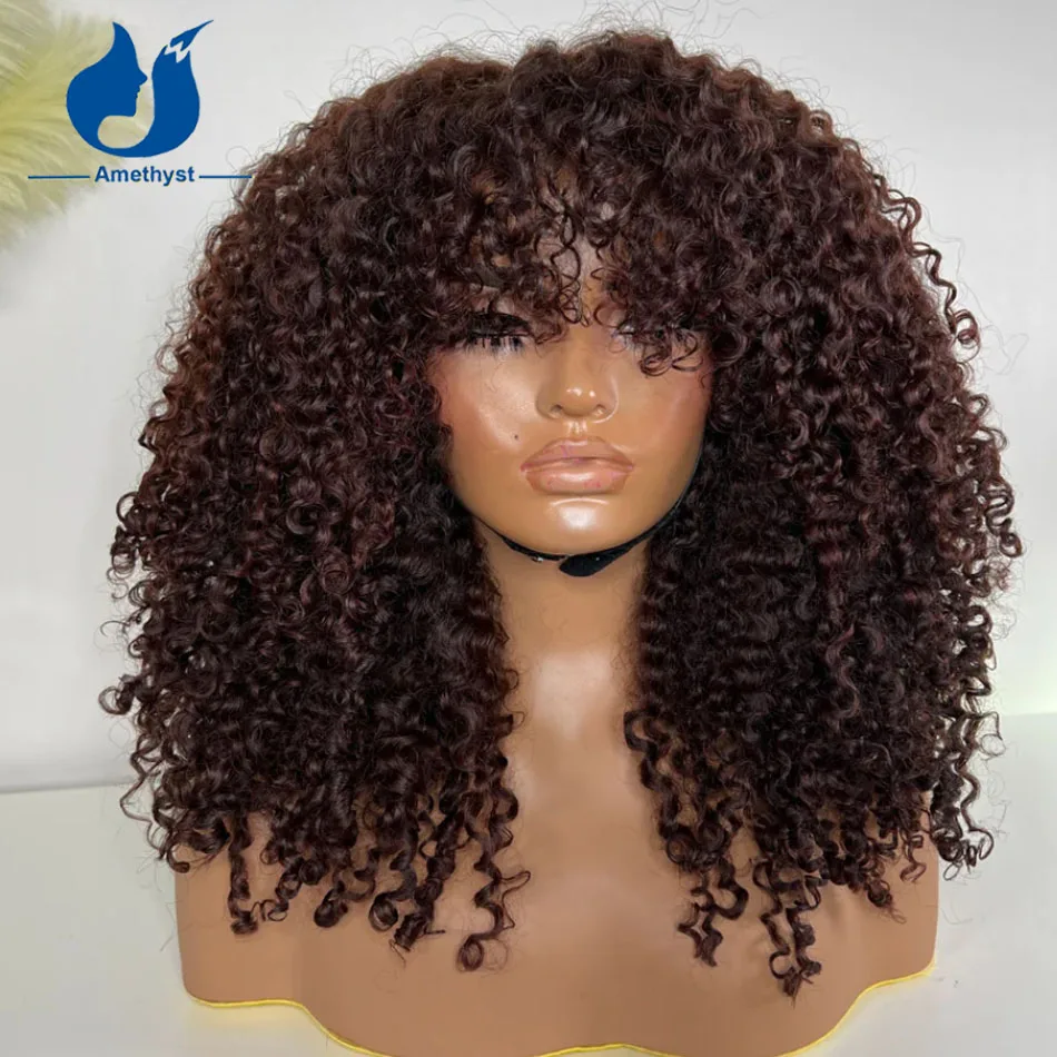 

250% Kinky Curly Dark Reddish Brown Human Hair Wig with Bangs Scalp Top Full Machine Made Wig None Lace Glueless Remy Brazilian