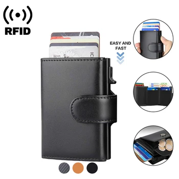 Carteiras Masculinas de Couro PU com Gravação de Nome Grátis 8 Rfid Credit Card Holder Wallets Men Leather Aluminum Business Bank Cardholder Male Case Minimalist Wallet 2022
