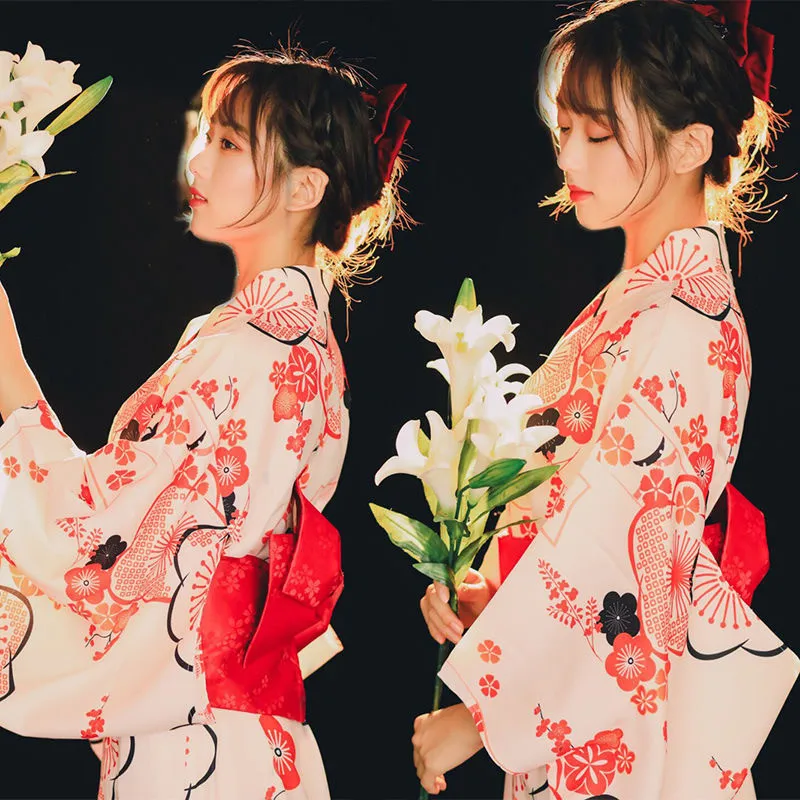 

Women Japanese Traditional Kimono Dress With Red Obi Sakura Floral Print Haori Yukata Bathrobes Stage Show Performance Costume