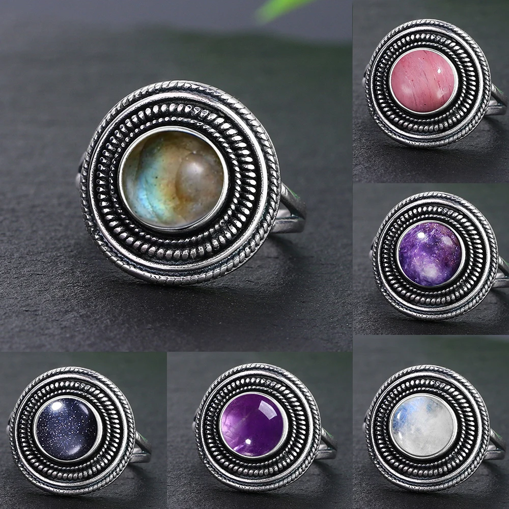 

925 Sterling Silver Ring Natural Stone Oval 8MM Amethyst Labradorite Moonstone Retro Engagement Wedding Party Gift For Women