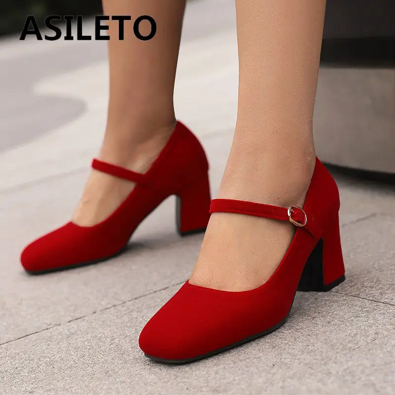 

ASILETO Concise Women Pumps Square Toe Flock Suede Buckle Strap Block Heels Shallow Soft Daily Female Shoes Plus Size 41 42 43