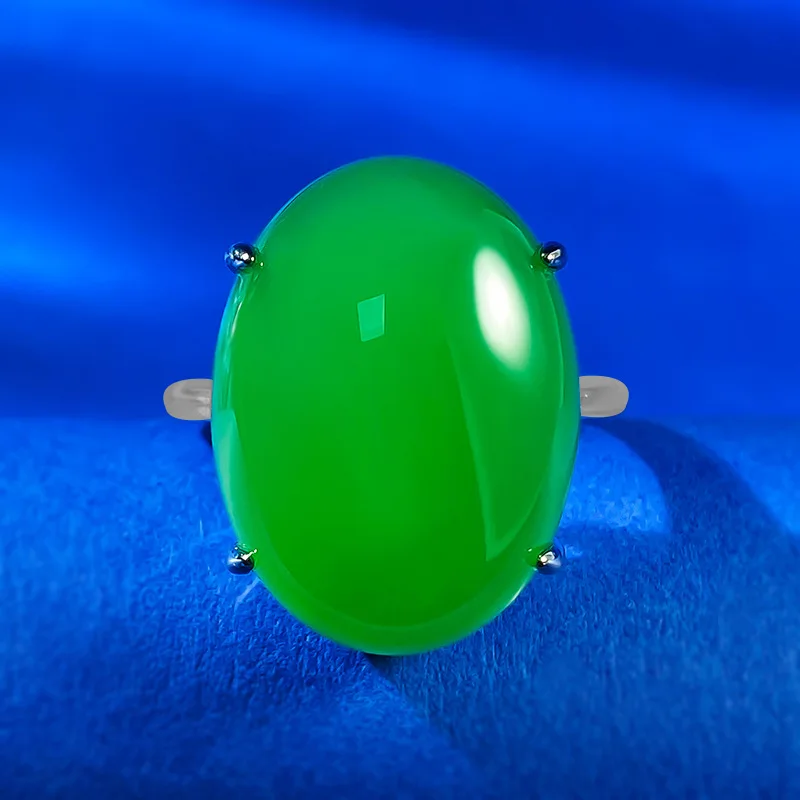 

925 silver plated inlaid high ice green jade chalcedony temperament style large egg face 15 * 20mm agate ring