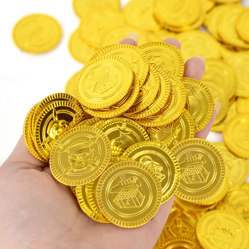 

50pcs Pirate Gold Coins Halloween Plastic Fake Gold Coins Props Game Treasure Accessary Kids Birthday Pirate Party Decor Supplie