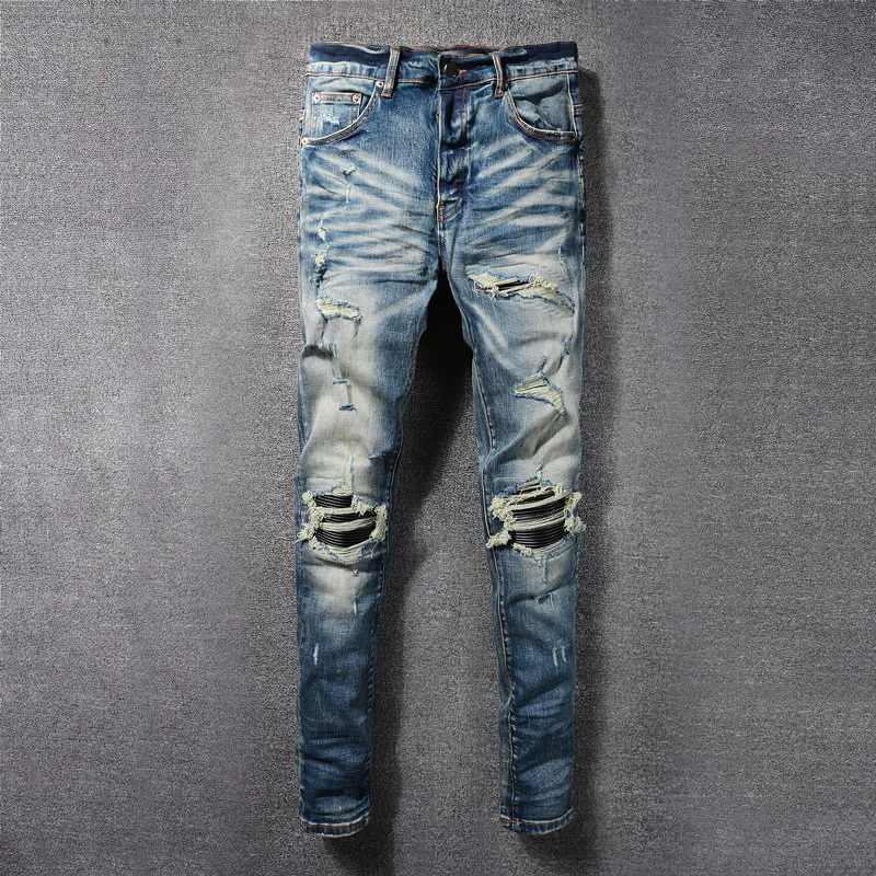 

High Street Fashion Men Jeans Retro Washed Blue Stretch Skinny Fit Ripped Jeans Men Leather Patched Designer Hip Hop Brand Pants