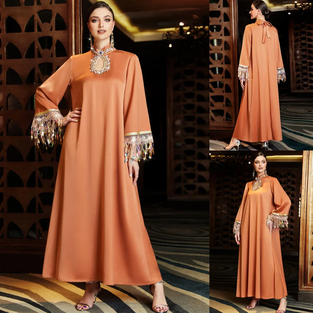 

Ramadan Dubai Kaftan Muslim Women Long Dress Abaya Arab Middle East Islam Tassel Luxury Rhinestone Party Gown Moroccan Jalabiya