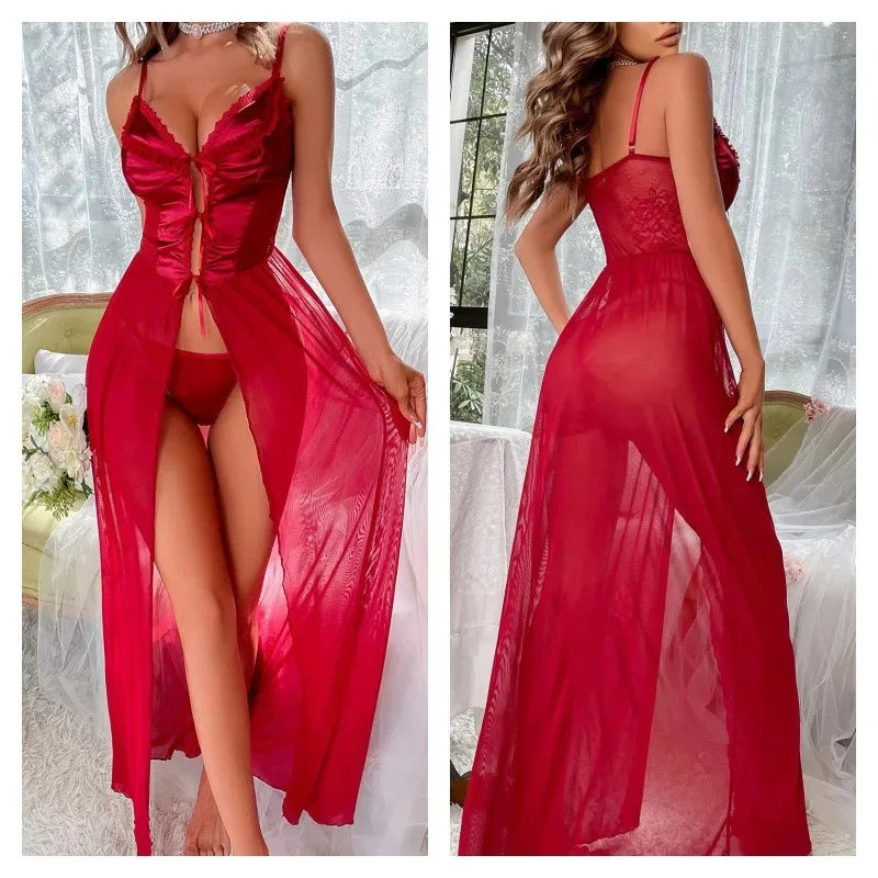 

Sexy Lingerie Long Suspender Dress with Bow Tie and Slit Tempting and Sexy Nightgown