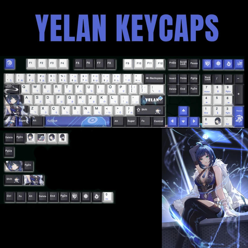 

Yelan 128 Key Cap Genshin Impact PBT DYE Sublimation Cherry MX Cross Axis Switch Keycap Key Cover for Mechanical Keyboard Gift
