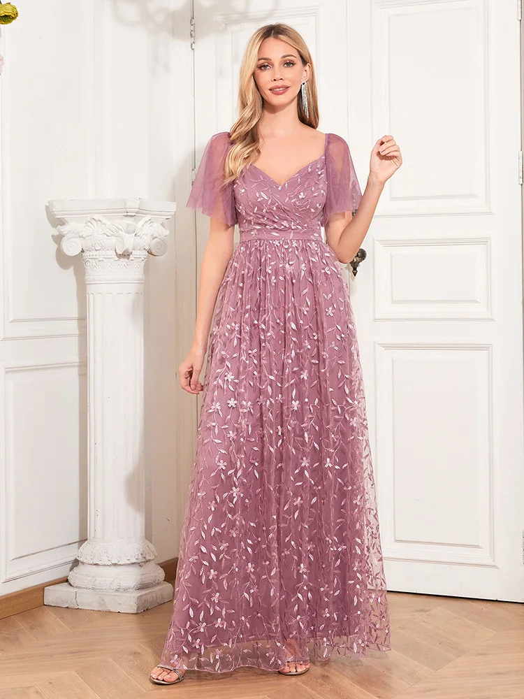 

New Elegant See-through Short Sleeve V-neck U Back Evening A- line Embroidered Mesh Fully Lined Dress