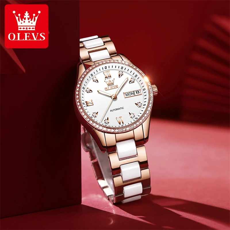 OLEVS Fashion Women Mechanical Watches Luxury Diamond Ceramic Strap Waterproof Luminous Week Calendar Automatic Watch For Women
OLEVS Fashion Women Mechanical Watches Luxury Diamond Ceramic Strap Waterproof Luminous Week Calendar Automatic Watch For Women