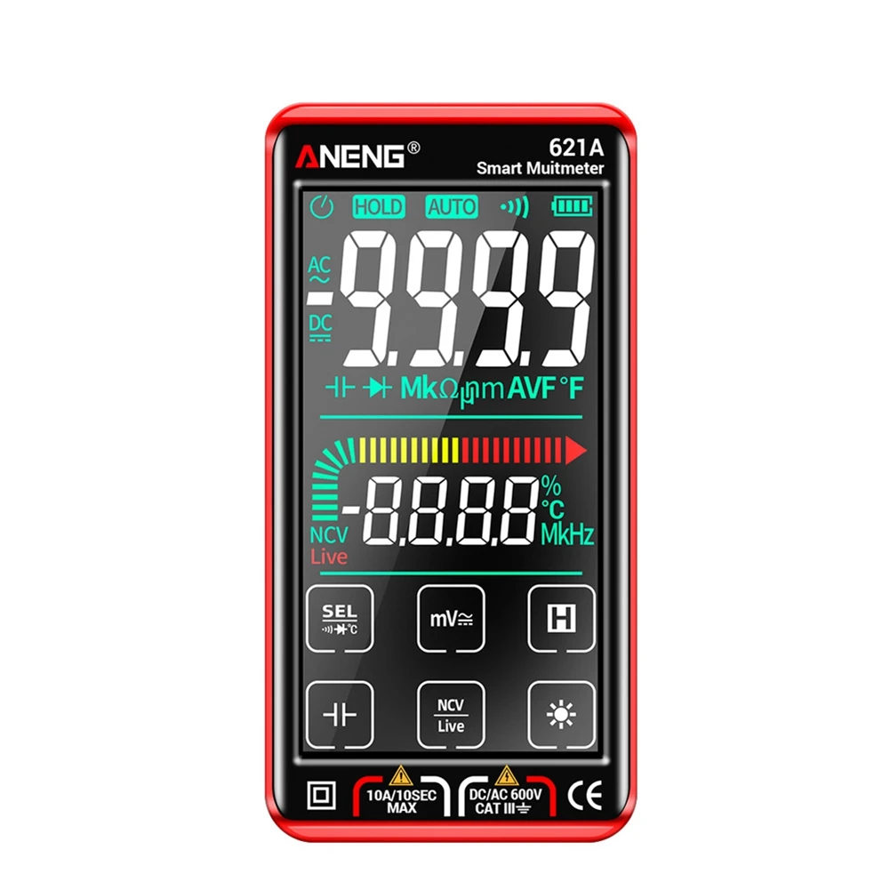 

ANENG 621A интеллектуальный цифровой мультиметр с сенсорным экраном 9999 отсчетов Автоматический диапазон перезаряжаемый NCV Универсальный измеритель Амперметр (красный)