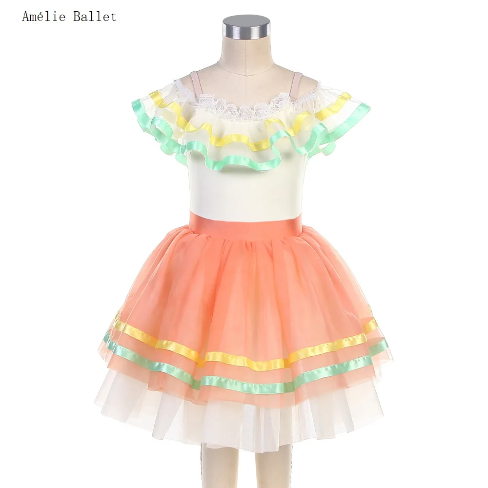 

24010 Off the Shoulder Ivory Spandex Top Bodice with Orange & Ivory Tulle Kid Ballet Tutu Small Dance Costumes