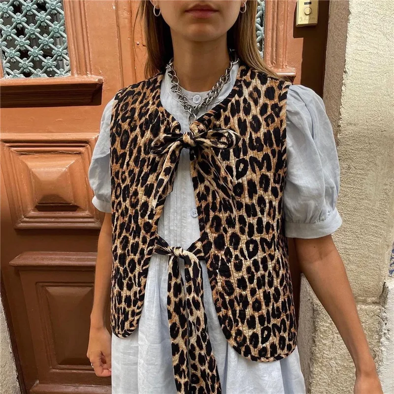 

Women's Leopard Print Waistcoat Vests Bowknot Front Sleeveless V-Neck Loose Fit Jacket Cardigan Casual Spring Fall Coat Y2K 80s