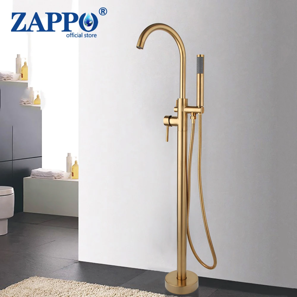 

ZAPPO Brushed Gold Freestanding Bathtub Faucet Floor Mount Tub Filler Brass Bathroom Faucets Single Handle with Hand Shower