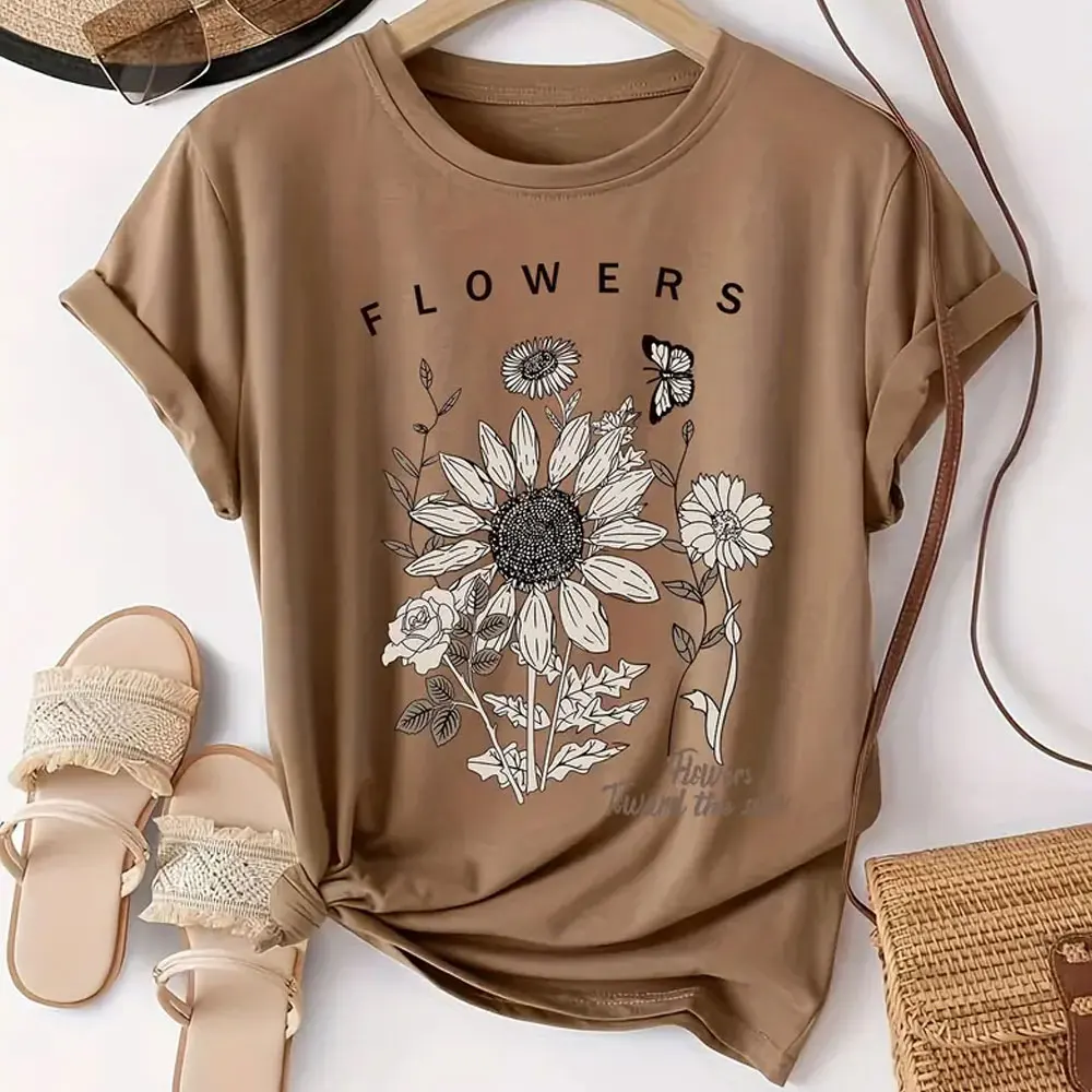 

Summer Women's T-shirt Loose Top Plus Size Daisy Print Short Sleeved T-shirt Women's Plus Size Elastic Round Neck Casual T-shirt