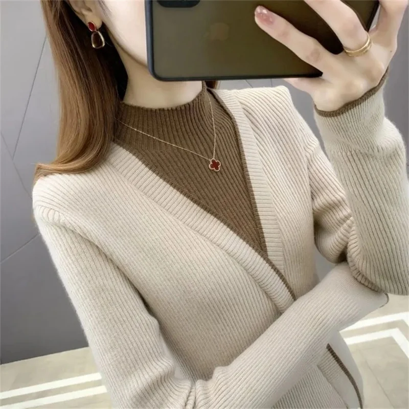 

2024 New Fashion Autumn Basic Bottoming Sweater Top Women Ribbed Soft Mock Neck Elastic Pullover Warm Solid Color Slim Jumper