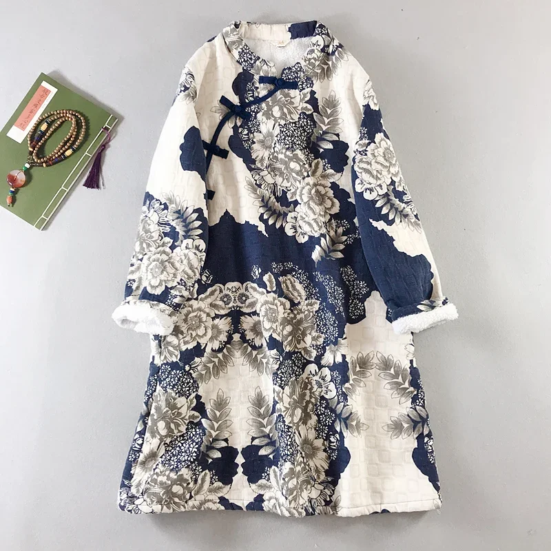 

Женское винтажное платье-Ципао, свободное теплое Хлопковое платье в китайском стиле с длинным рукавом и цветочным принтом, зима 2024